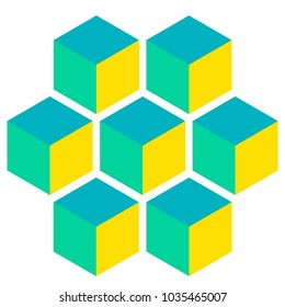 Illusive figure constructed of blocks. Isometric cubes turned in different angle. Mathematical object. Optical illusion. Three-dimensional effect.