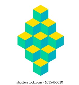 Illusive figure constructed of blocks. Isometric cubes turned in different angle. Mathematical object. Optical illusion. Three-dimensional effect.