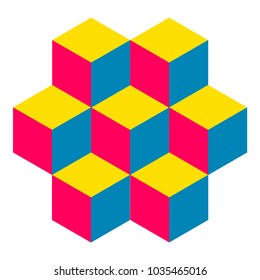 Illusive figure constructed of blocks. Isometric cubes turned in different angle. Mathematical object. Optical illusion. Three-dimensional effect.
