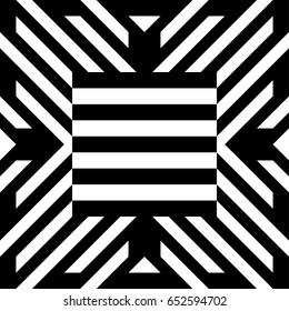 Illusive tile with black white striped diagonal lines and abstract shape in center. Figurative element, geometric pattern in op art style. Vector background, texture with optical illusion effect.