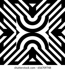Illusive tile with black white striped diagonal lines and abstract shape in center. Figurative element, geometric pattern in op art style. Vector background, texture with optical illusion effect.