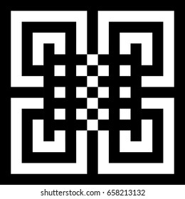 Illusive tile with black white striped straight lines, squares and geometric shape in center. Figurative element, pattern in op art style. Vector background, texture with optical illusion effect.