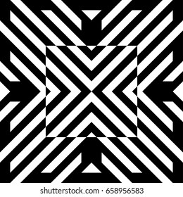 Illusive tile with black white striped diagonal lines and abstract shape in center. Figurative element, geometric pattern in op art style. Vector background, texture with optical illusion effect.