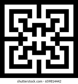 Illusive tile with black white striped straight lines, squares and geometric shape in center. Figurative element, pattern in op art style. Vector background, texture with optical illusion effect.