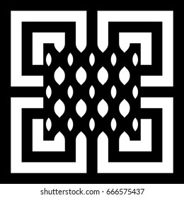 Illusive tile with black white striped straight lines, squares and geometric shape in center. Figurative element, pattern in op art style. Vector background, texture with optical illusion effect.