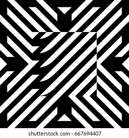 Illusive tile with black white striped diagonal lines and abstract shape in center. Figurative element, geometric pattern in op art style. Vector background, texture with optical illusion effect.