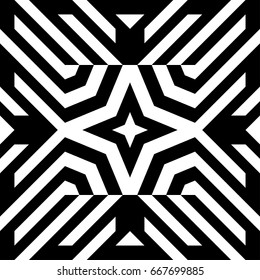 Illusive tile with black white striped diagonal lines and abstract shape in center. Figurative element, geometric pattern in op art style. Vector background, texture with optical illusion effect.