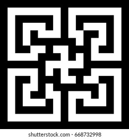 Illusive tile with black white striped straight lines, squares and geometric shape in center. Figurative element, pattern in op art style. Vector background, texture with optical illusion effect.