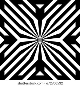 Illusive tile with black white striped diagonal lines and abstract shape in center. Figurative element, geometric pattern in op art style. Vector background, texture with optical illusion effect.