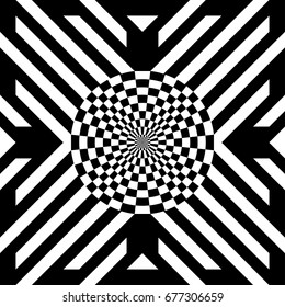 Illusive tile with black white striped diagonal lines and abstract shape in center. Figurative element, geometric pattern in op art style. Vector background, texture with optical illusion effect.