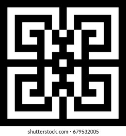 Illusive tile with black white striped straight lines, squares and geometric shape in center. Figurative element, pattern in op art style. Vector background, texture with optical illusion effect.