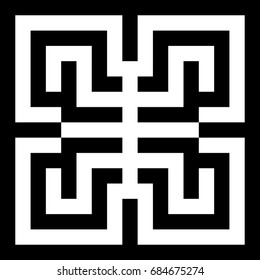Illusive tile with black white striped straight lines, squares and geometric shape in center. Figurative element, pattern in op art style. Vector background, texture with optical illusion effect.