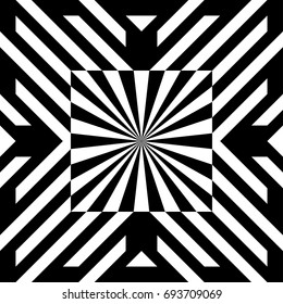 Illusive tile with black white striped diagonal lines and abstract shape in center. Figurative element, geometric pattern in op art style. Vector background, texture with optical illusion effect.
