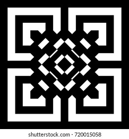 Illusive tile with black white striped straight lines, squares and geometric shape in center. Figurative element, pattern in op art style. Vector background, texture with optical illusion effect.