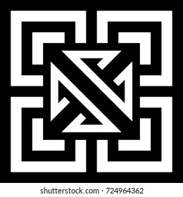 Illusive tile with black white striped straight lines, squares and geometric shape in center. Figurative element, pattern in op art style. Vector background, texture with optical illusion effect.