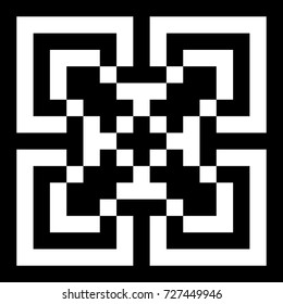 Illusive tile with black white striped straight lines, squares and geometric shape in center. Figurative element, pattern in op art style. Vector background, texture with optical illusion effect.