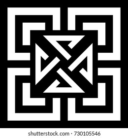 Illusive tile with black white striped straight lines, squares and geometric shape in center. Figurative element, pattern in op art style. Vector background, texture with optical illusion effect.