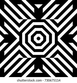 Illusive tile with black white striped diagonal lines and abstract shape in center. Figurative element, geometric pattern in op art style. Vector background, texture with optical illusion effect.