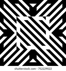 Illusive tile with black white striped diagonal lines and abstract shape in center. Figurative element, geometric pattern in op art style. Vector background, texture with optical illusion effect.