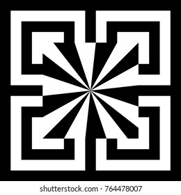 Illusive tile with black white striped straight lines, squares and geometric shape in center. Figurative element, pattern in op art style. Vector background, texture with optical illusion effect.