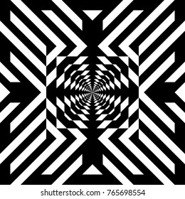 Illusive tile with black white striped diagonal lines and abstract shape in center. Figurative element, geometric pattern in op art style. Vector background, texture with optical illusion effect.