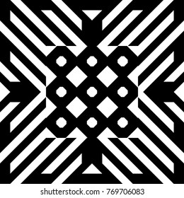 Illusive tile with black white striped diagonal lines and abstract shape in center. Figurative element, geometric pattern in op art style. Vector background, texture with optical illusion effect.