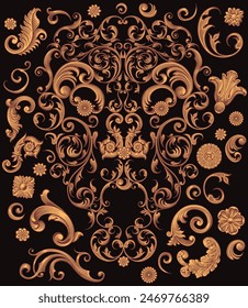 An illusory portrait of a man made of decorative elements. Editable hand drawn illustration. Vector vintage engraving. Isolated on black background. 8 EPS
