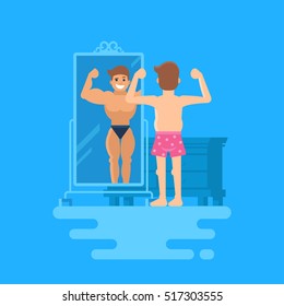 Illusory superiority. Vector illustration of a man standing at the mirror. A bodybuilder is reflected in the mirror. The concept of how people overestimate themselves. Not a sports guy in shorts.