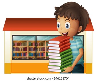 Illusration of a boy carrying books outside the library on a white background 