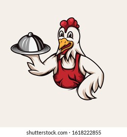 Illusration of chicken holding a serving hood ready to be served