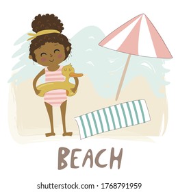 Illusration of a cute girl at the beach