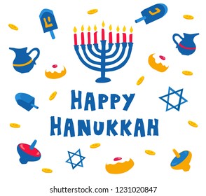 illusration of jewish holiday Hanukkah with Cartoon flat atributes: menorah (traditional candelabra), candles, donuts, jar and dreidels.