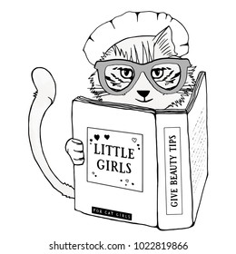 illusration sketch vector cat and book graphic for tee print