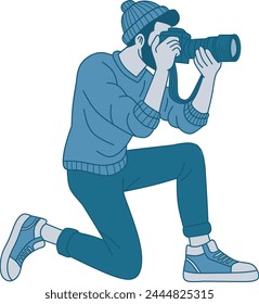 Illusrative spot man taking a picture using DSLR camera. Male photographer kneeling and taking pictures. Photo equipment for journalist. Vector illustration in hand drawn