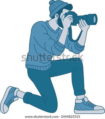 Illusrative spot man taking a picture using DSLR camera. Male photographer kneeling and taking pictures. Photo equipment for journalist. Vector illustration in hand drawn
