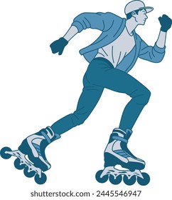 Illusrative spot man using rollerblading. Vector illustration in hand drawn style