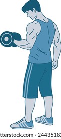 Illusrative spot man working out by dumbbell up, gym equipment. Vector illustration in hand drawn style