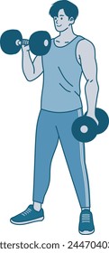 Ilustrativo hombre de deporte haciendo ejercicio por volquetes, equipo de gimnasio. Ilustración vectorial en estilo dibujado a mano