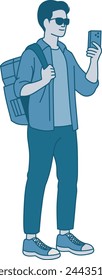 Illusrative spot vlogger using smartphone, using eyeglasses standing position. Vector illustration in hand drawn style