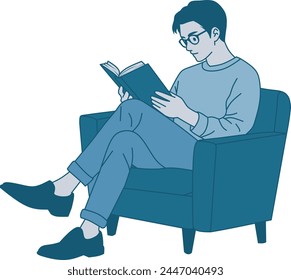 Illusrative spot young man reading a book on sofa using eyeglasses. Vector illustration in hand drawn style