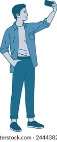 Illusrative spot young man taking selfie, standing and make a self portrait with mobile phone camera. Vector illustration in hand drawn style
