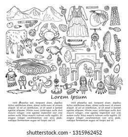 Illusrtation with cute hand drawn Peru related icons. Vector travel collection. 