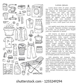 Illusrtation with hand drawn laundry icons. Collection of sketched objects.  Home laundry service. Accessories for washing and drying clothes