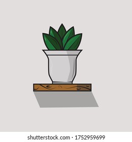 Illusrtration vector graphic of white pot with fertile plants on it and attached to the wall that is on the shelf. Fit for people looking for digital plant pots that look like the original with shadow