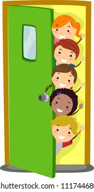Illusstration of Kids Peeking from Behind a Door