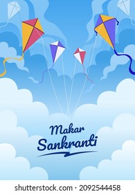 Illusstration of Makar Sankranti Festival Design with flying kite at sky and cloud. Modern Makar Sankranti Festival Illustration cartoon.can use for greeting card, poster, postcard, invitation, web.