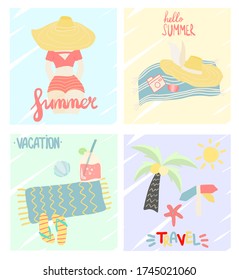 Illustrationen des Sommers (Strand, Meer und Ozean, Palmen, Mädchen), Vektor-Flachbild-Illustration