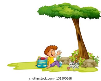 Illustartion of a boy and his cat under the tree on a white background