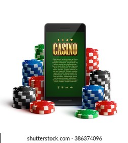 illustartion of casino chips and mobile isolated on white