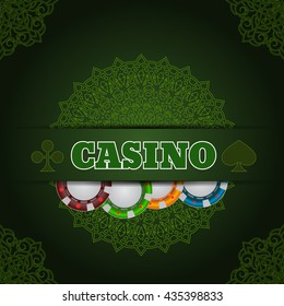 Illustartion green casino background  chip and card with place for text eps 10 vector